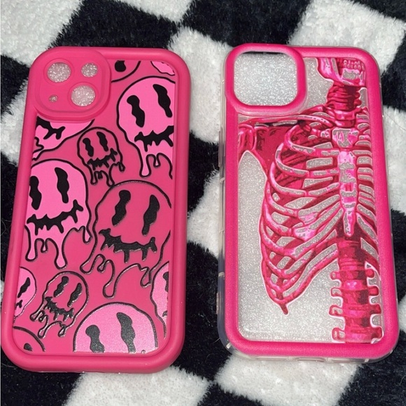 Pink Smiley Face and Skeleton Phone Case Pair - Picture 1 of 5